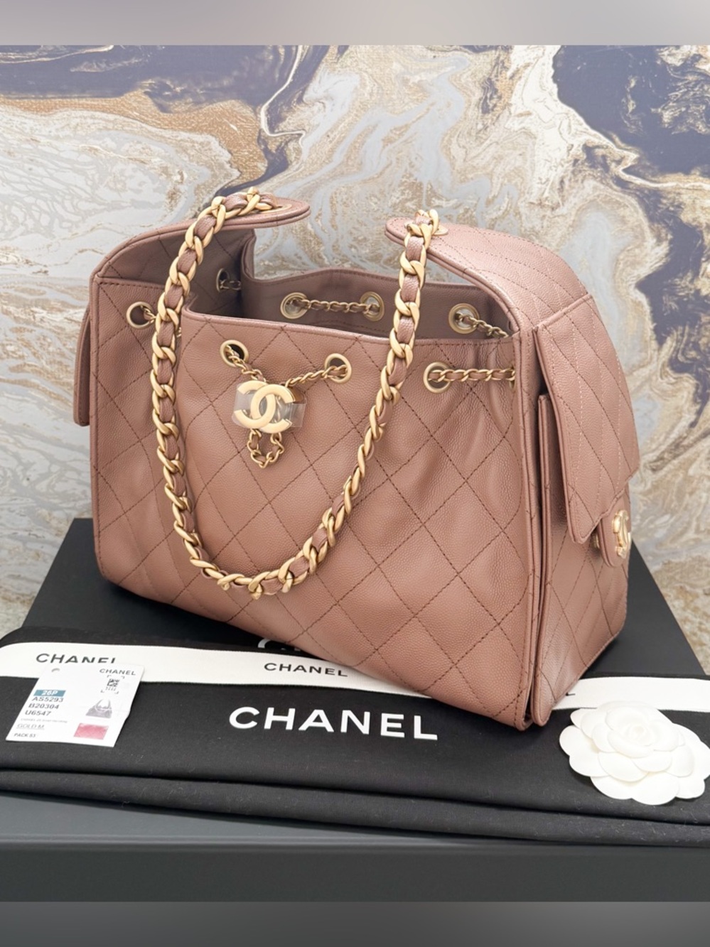 New! Chanel Small Chanel 25 Tan Quilted Caviar Leather Handbag